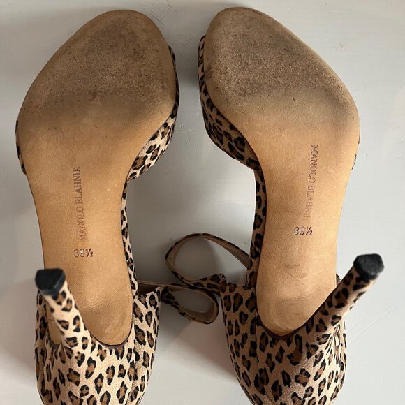 MANOLO BLAHNIK d'Ordsay Leopard Print Peep Toe Ankle Strap Heels - Picture 4 of 5